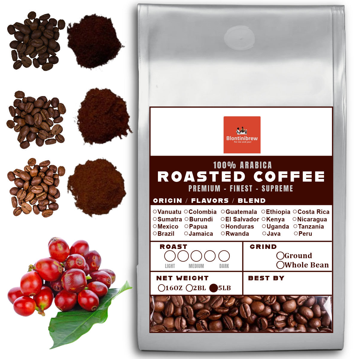 5LB Specialty Whole Bean and Ground Coffee Supreme Finest Artisan for Drips Cold Brew Espresso French Press Dark Medium Light Roast from Vanuatu Sumatra Ethiopia Brazil Kenya Colombia Guatemala Burundi Costa Rica Indonesia Java El Salvador Honduras etc