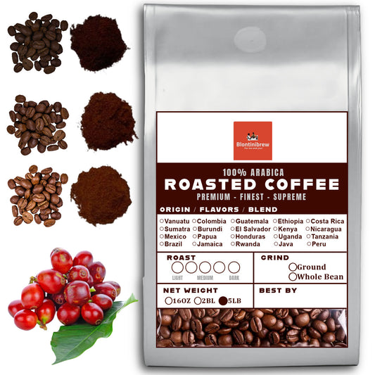 5LB Specialty Whole Bean and Ground Coffee Supreme Finest Artisan for Drips Cold Brew Espresso French Press Dark Medium Light Roast from Vanuatu Sumatra Ethiopia Brazil Kenya Colombia Guatemala Burundi Costa Rica Indonesia Java El Salvador Honduras etc